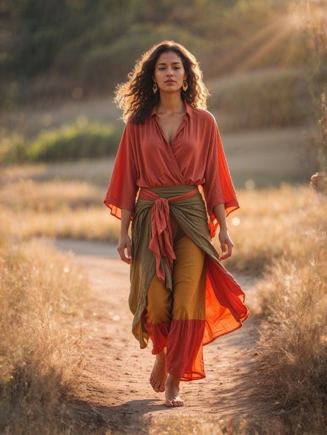 Mujer caminando segura y en calma, vestida con ropa fluida – energía femenina, moda con intención, conexión interior Mujer caminando segura y en calma, vestida con ropa fluida – energía femenina, moda con intención, conexión interior