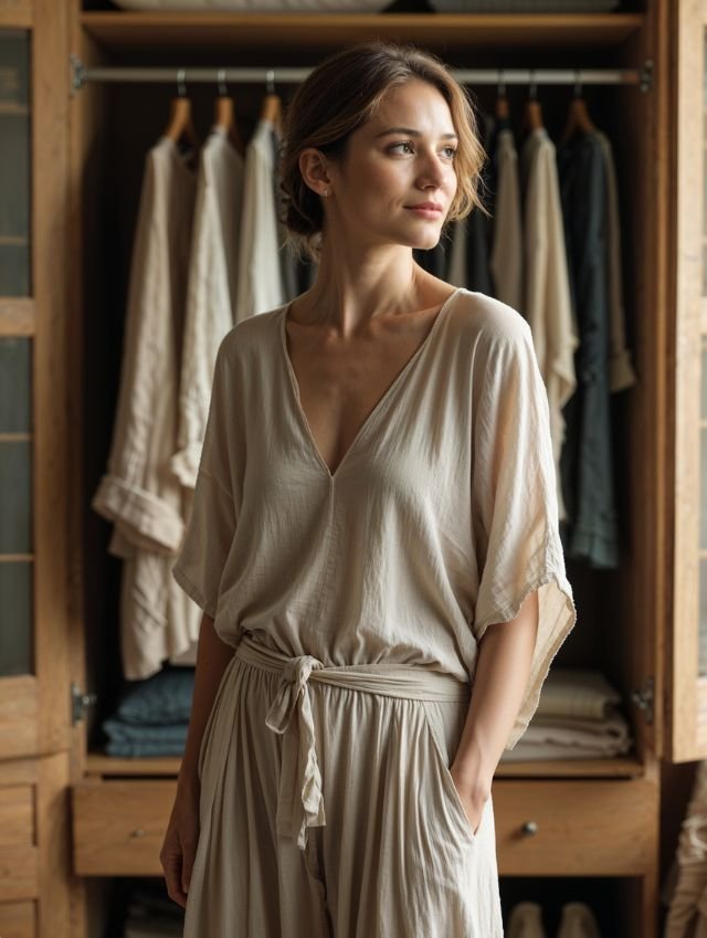 Mujer frente a su armario con expresión pensativa, vestida con ropa ligera y auténtica – identidad femenina, estilo personal, moda alineada contigo