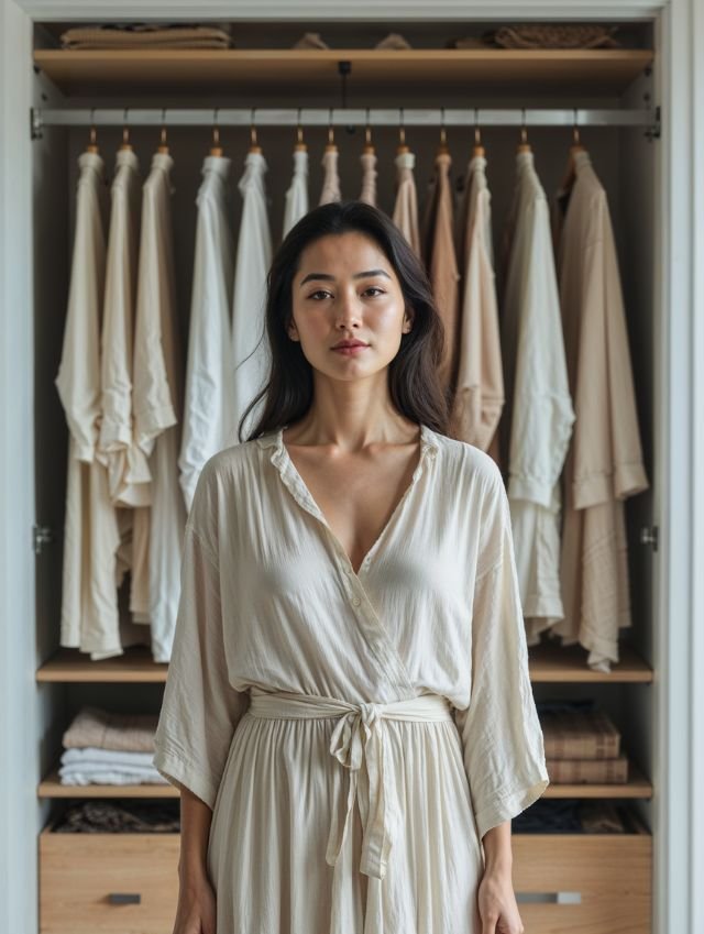Mujer frente a su armario con mirada suave, vestida con ropa auténtica – estilo personal, conexión interior, moda con alma
