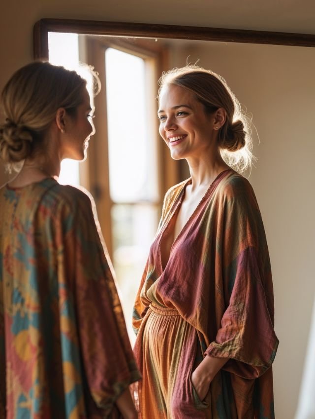 Mujer sonriente frente al espejo, vistiéndose con calma y seguridad – estilo auténtico, empoderamiento femenino, moda consciente
