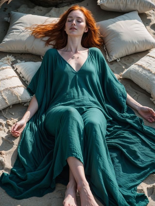 Mujer con expresión relajada vistiéndose con un caftán fluido – estilo auténtico, bienestar femenino, moda consciente