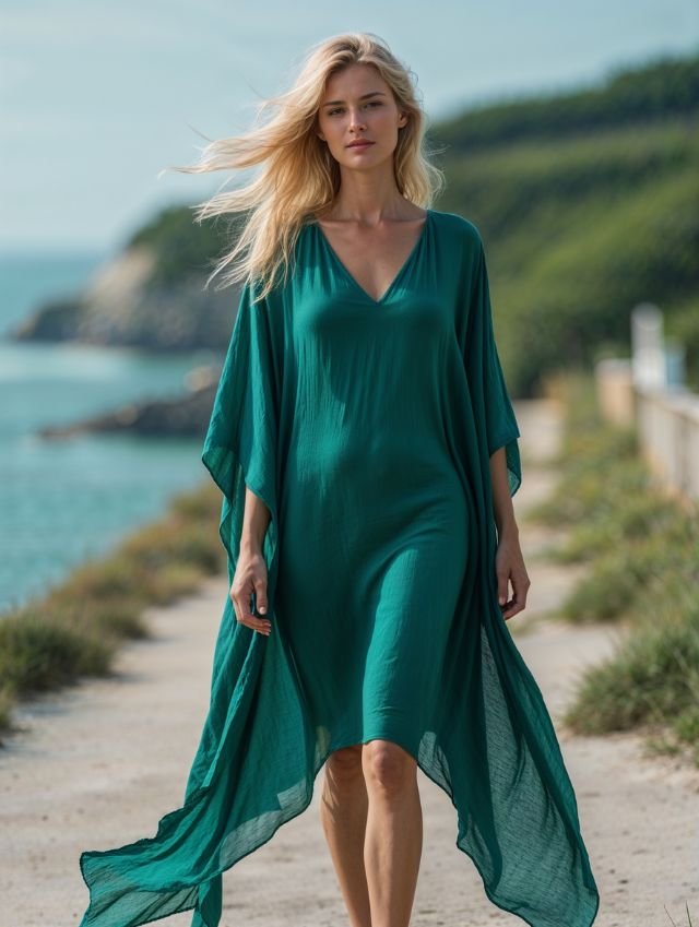 Mujer frente al mar, sintiendo su caftán